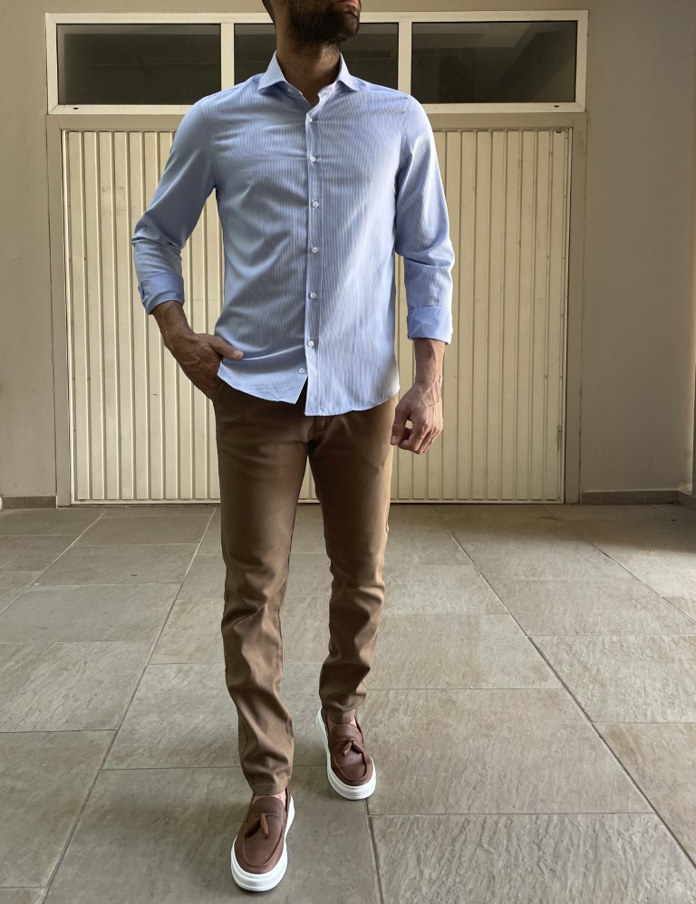 Ανδρικό σιέλ ριγέ πουκάμισο με γιακά 1820 φωτογραφία